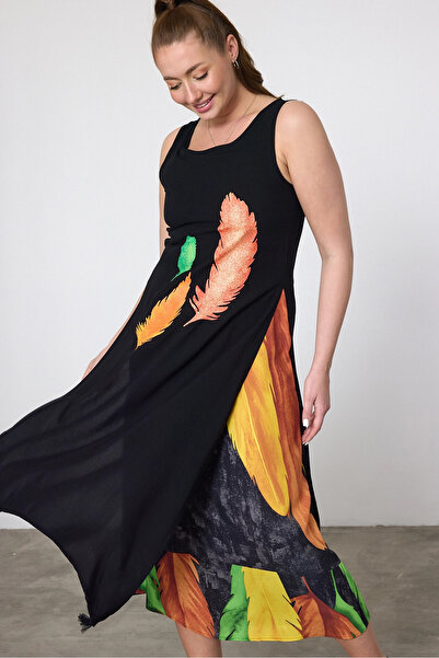 bacc Women's Maxi Length Orange Printed Piece Detailed Viscon Dress Bcvl-252025