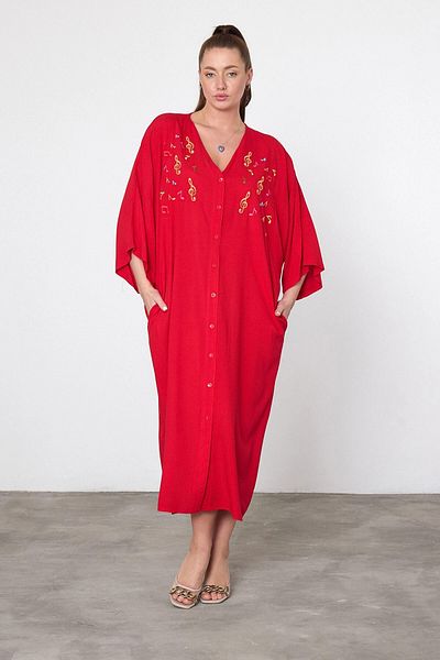 bacc Maxi Size Red Embroidery Embroidered Woven Viscon Dress Bcvl-25V040