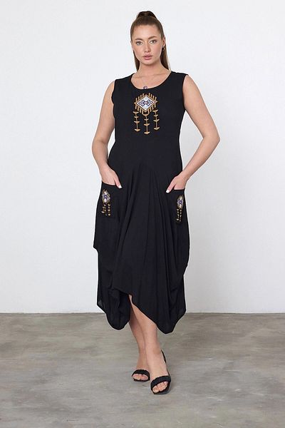 bacc Maxi Size Black Embroidery Embroidered Knitted Viscon Dress Bcvl-25V035