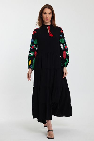 bacc Black Embroidered Long Women's Dress - Tie-Up Collar, Woven Bcvl-241027