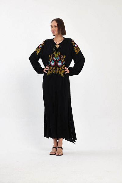 bacc Rochie neagră de damă, broderie cu șireturi, lungime lungă, țesută Bcvl-24939