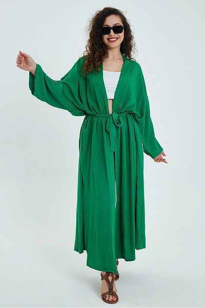 bacc Green Embroidered Belted Long Kimono Jacket - Women's Bcvl-24911