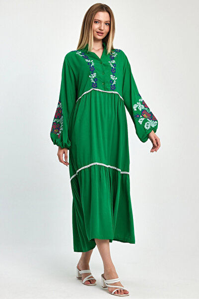 bacc Women's Maxi Length Green Embroidered Woven Viscose Dress Bcvl-25967