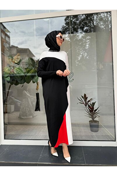 Invee Asimetrik Desen Triko Kadın Elbise Siyah