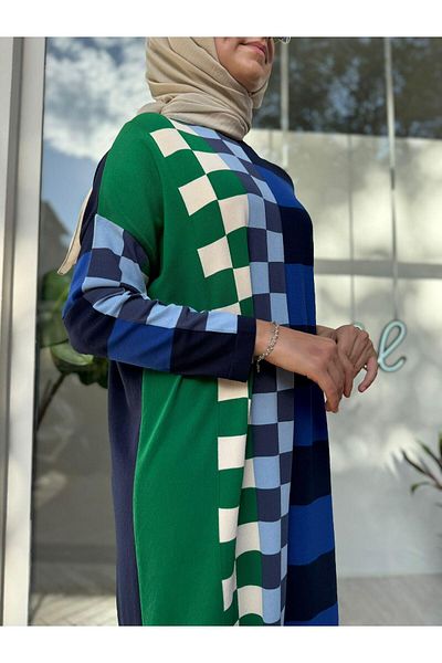 Invee Checkerboard Patterned Women's Knitwear Dress Navy Blue