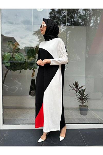 Invee Asimetrik Desen Triko Kadın Elbise Siyah