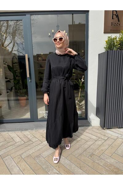 MissWhence Scallop Detailed Linen Women's Dress Black