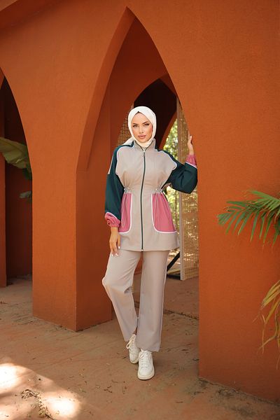 Wovi Moda Μπεζ Hijab Clothing - Γυναικείο Σετ Φούτερ, Σετ Hijab με φερμουάρ για δύο