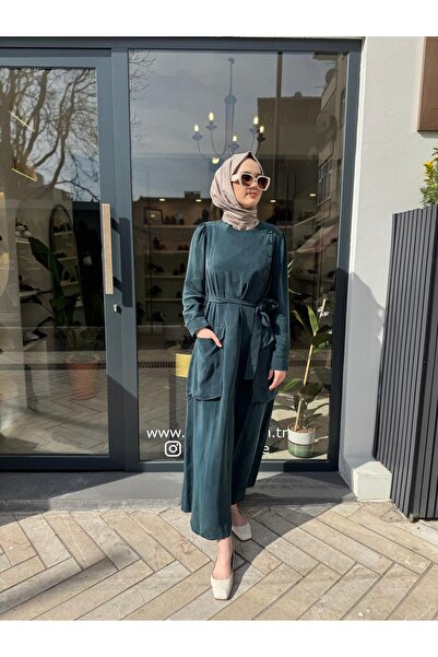 MissWhence Buttoned Pocket Women's Cupro Dress Emerald Green