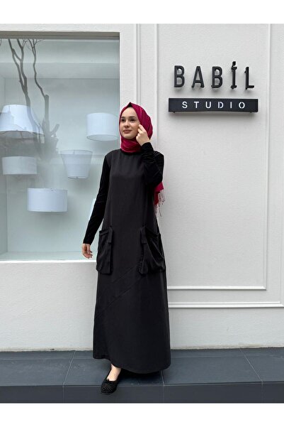 MissWhence Cep Detaylı Kuşaklı Kadın Elbise Siyah