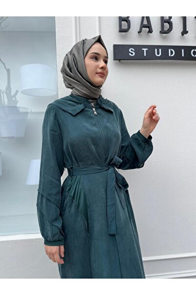 MissWhence Zipper Detailed Hooded Dress Emerald Green