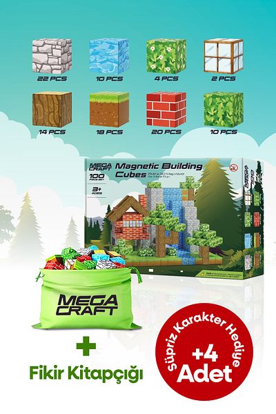 Megacraft مكعبات بناء مغناطيسية 100 قطعة - مجموعة ألعاب تعليمية للأطفال في حقيبة كتيب