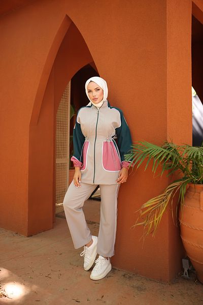 Wovi Moda Μπεζ Hijab Clothing - Γυναικείο Σετ Φούτερ, Σετ Hijab με φερμουάρ για δύο