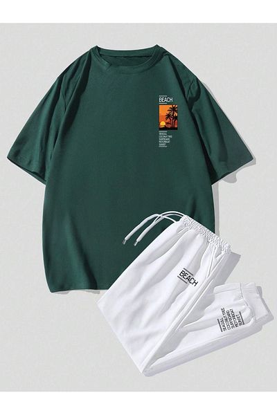 CLAYES Beach T-Shirt Sweatpants Jogger - Nefti Green White Printed Tracksuit Set Oversize Crew Neck
