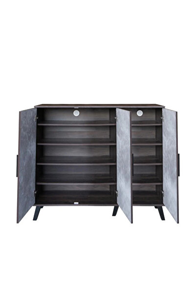 Generic Malaysian Wood Shoe Cabinet with 5 Shelves and 3 Doors – Dark Brown with Gray