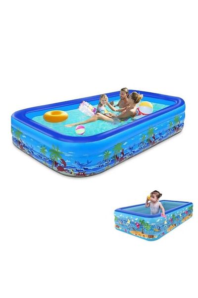 Intex Piscină Gonflabilă Copii, Multicoloră, Rectangulară, 3 Inele, Bază Moale, 210x150x60cm