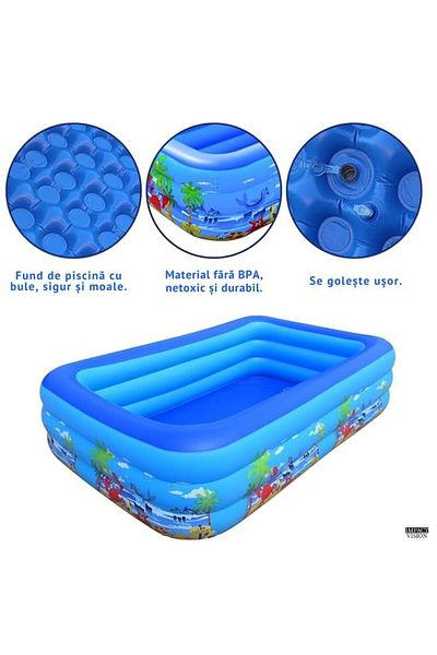 Intex Piscină Gonflabilă Copii, Multicoloră, Rectangulară, 3 Inele, Bază Moale, 210x150x60cm