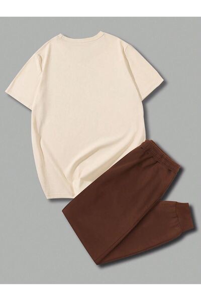 CLAYES Μπλουζάκι παραλίας Sweatpants Jogger - Σετ φόρμας με στάμπα καφέ σε μπεζ στάμπα Oversize Crew Neck