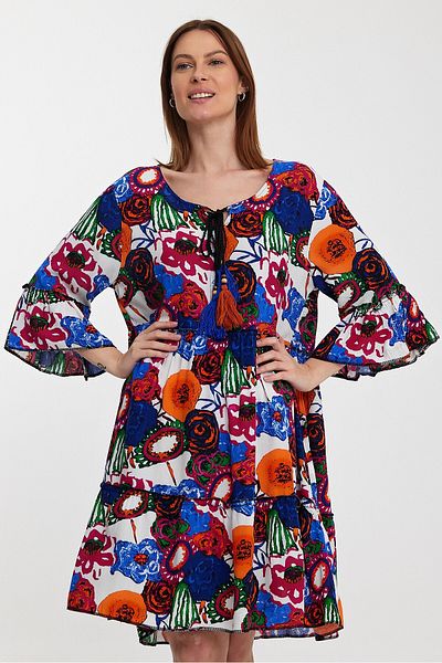 bacc Orange Floral Patterned Women's Woven Dress - Crew Neck Bcvl-245490