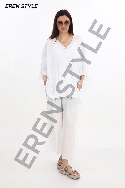 EREN STYLE Pantaloni largi din in, cu corset italian și curea cu cataramă