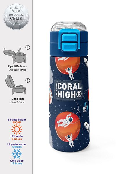 Coral High Kids Navy Blue Astronaut Patterned Steel Thermos with Straw and Direct Drinking 500 ml 31999