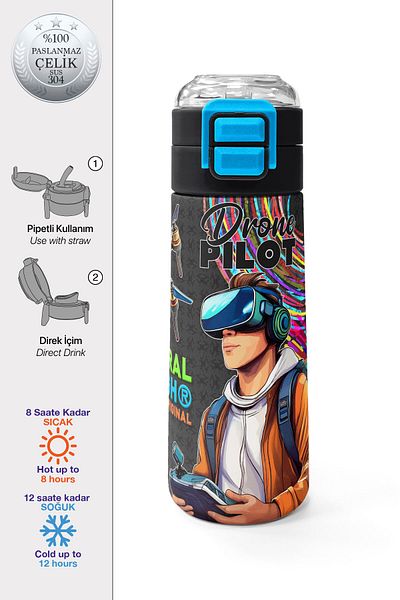 Coral High Kids Black Drone Pilot Patterned Steel Thermos with Straw and Direct Drinking 500 ml 31996