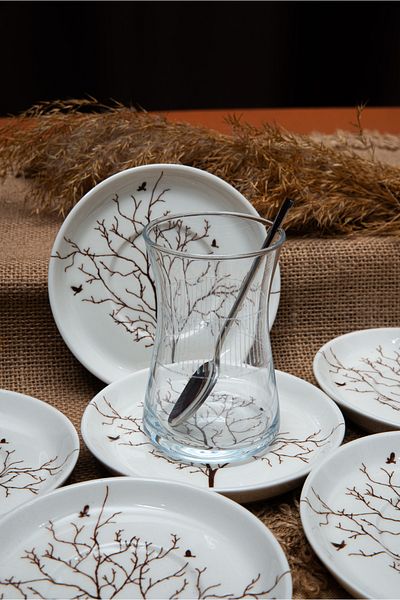 Heda Porselen Tree of Life 6 Pieces 12 cm Porcelain Tea Plate - Off White
