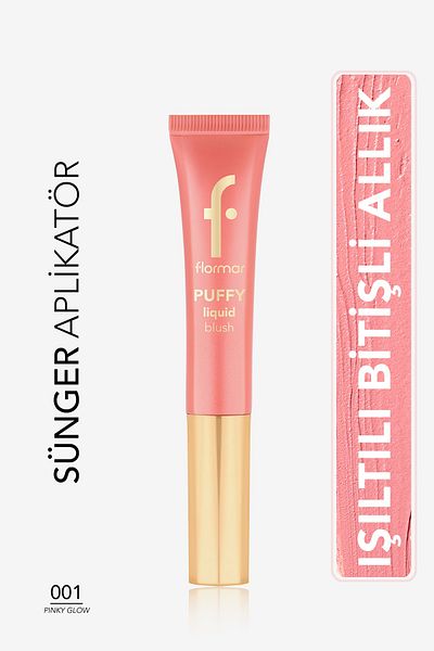 Flormar Puffy Moisturizing Effect & Shiny Finish Liquid Blush with Sponge Applicator-001 Pinky Glow- 8682536093866