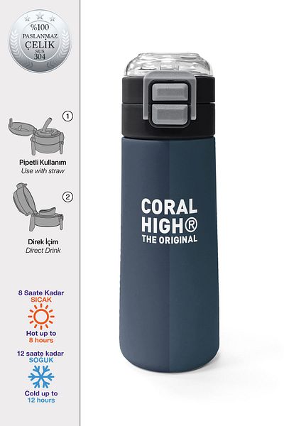 Coral High Kids Navy Blue Orange Striped Straw and Direct Drinking Steel Thermos 500 ml 31998