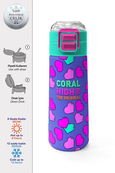 Coral High Kids Lavender Pink Heart Patterned Straw and Direct Drinking Steel Thermos 500 ml 31910