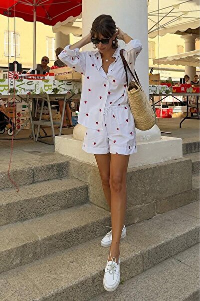 Madmext White Strawberry Pattern Women Shorts Shirt Suit Mg2406