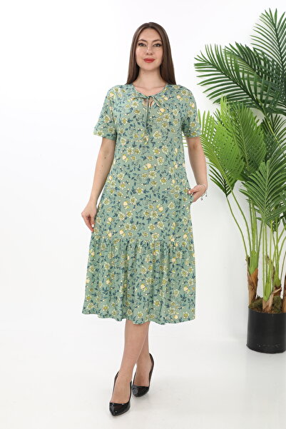 STELLETO Çiçek Desenli Yaka Detaylı Fırfırlı Yazlık Modal Elbise