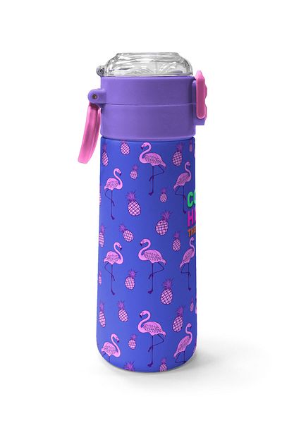Coral High Kids Lavender Pink Flamingo Patterned Straw and Direct Drinking Steel Thermos 500 ml 31905