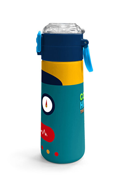 Coral High Kids Navy Blue Indigo Robot Patterned Steel Thermos with Straw and Direct Drinking 500 ml 31918