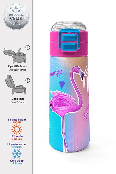 Coral High Kids Lavender Pink Flamingo Patterned Straw and Direct Drinking Steel Thermos 500 ml 31921
