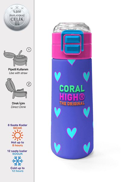 Coral High Kids Lavender Pink Heart Patterned Straw and Direct Drinking Steel Thermos 500 ml 31922
