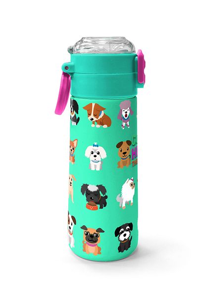 Coral High Kids Water Green Neon Pink Dog Patterned Steel Thermos with Straw and Direct Drinking 500 ml 31913