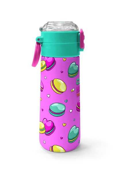 Coral High Kids Light Pink Water Green Macaron Patterned Steel Thermos with Straw and Direct Drinking 500 ml 31912
