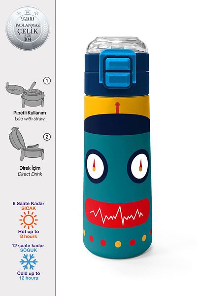 Coral High Kids Navy Blue Indigo Robot Patterned Steel Thermos with Straw and Direct Drinking 500 ml 31918