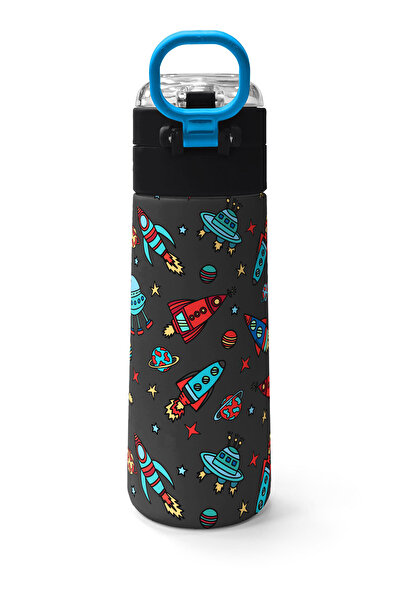 Coral High Kids Dark Gray Red Space Patterned Steel Thermos with Straw and Direct Drinking 500 ml 31916
