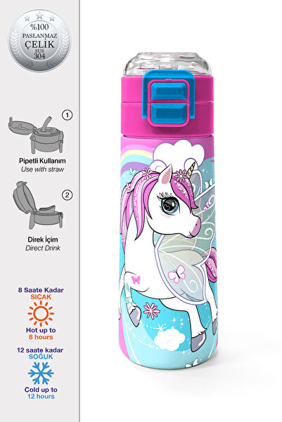 Coral High Kids Mavi Neon Pembe Unicorn Desenli Pipetli ve Direkt İçim Çelik ...