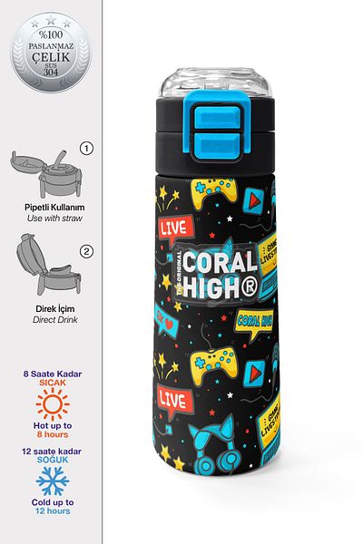 Coral High Kids Black Blue Gamer Patterned Steel Thermos with Straw and Direct Drinking 500 ml