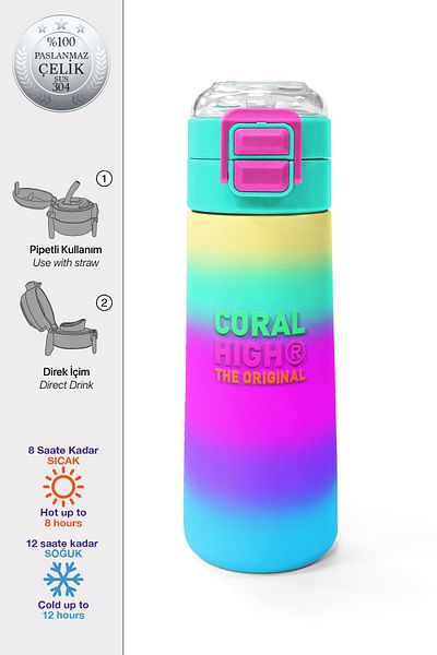 Coral High Kids Color Changing Patterned Straw and Direct Drinking Steel Thermos 500 ml 31924
