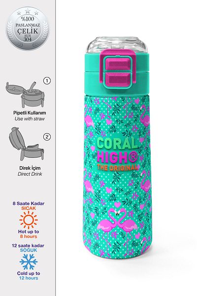 Coral High Kids Water Green Pink Flamingo Patterned Steel Thermos with Straw and Direct Drinking 500 ml 31926