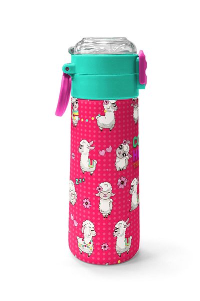 Coral High Kids Neon Coral Aqua Green Alpaca Patterned Steel Thermos with Straw and Direct Drinking 500 ml 31914