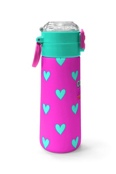 Coral High Kids Neon Pink Water Green Heart Patterned Steel Thermos with Straw and Direct Drinking 500 ml 31906