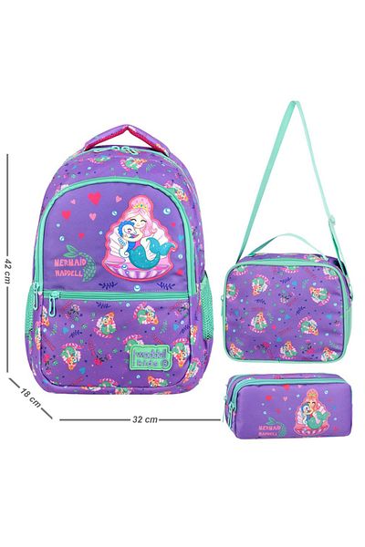 KAFF Purple Mermaid Patterned Bag Nutrition Pen Holder Girl's Set of 3 Primary School Bag