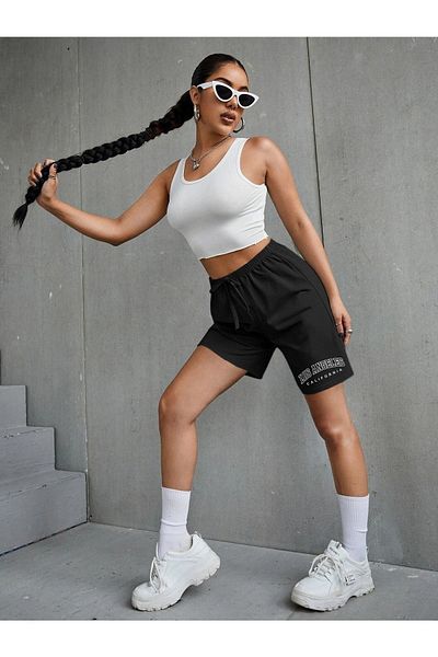 DUBU BUTİK Black Short Shorts - Combed Cotton Los Angeles Printed Corded