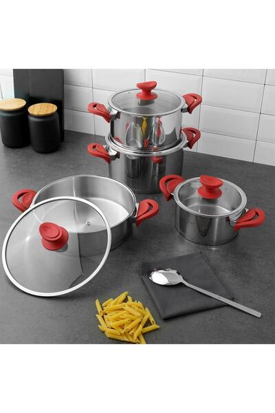 Hisar Vega Indüksiyon Tabanlı 8 Parça Çelik Tencere Seti Kırmızı