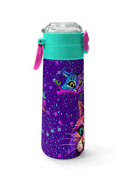 Coral High Kids Purple Pink Cat Patterned Steel Thermos with Straw and Direct Drinking 500 ml 31939